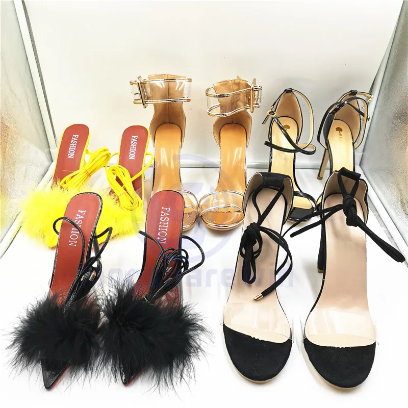 wholesale women and ladies Lace up ladies shoes arrivals women sexy shoes high thin heels sandals match jelly handbag purse