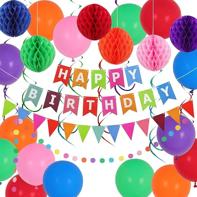 Hot selling colorful black gold purple blue birthday party set paper banner paper fan paper flower for birthday party decoration