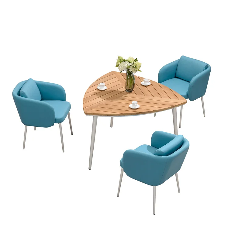 
Triangle Teak Top Leisure 3 Seaters Modern Cafe Tables Chairs Aluminum Outdoor Furniture Dining Set 
