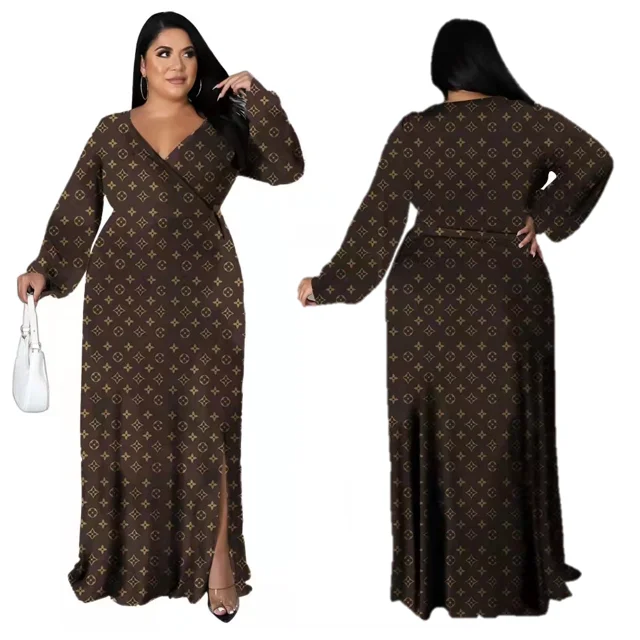 Fall 2021 New Arrivals Autumn Fashionable Elegant Digital Print Sexy Waist Maxi Dress Casual Dresses Women Plus Size