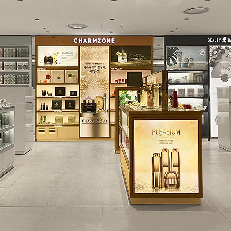 Красивый дизайн интерьера, макияжный дизайн, торговый центр, косметическая стойка, киоск, настенная деревянная витрина