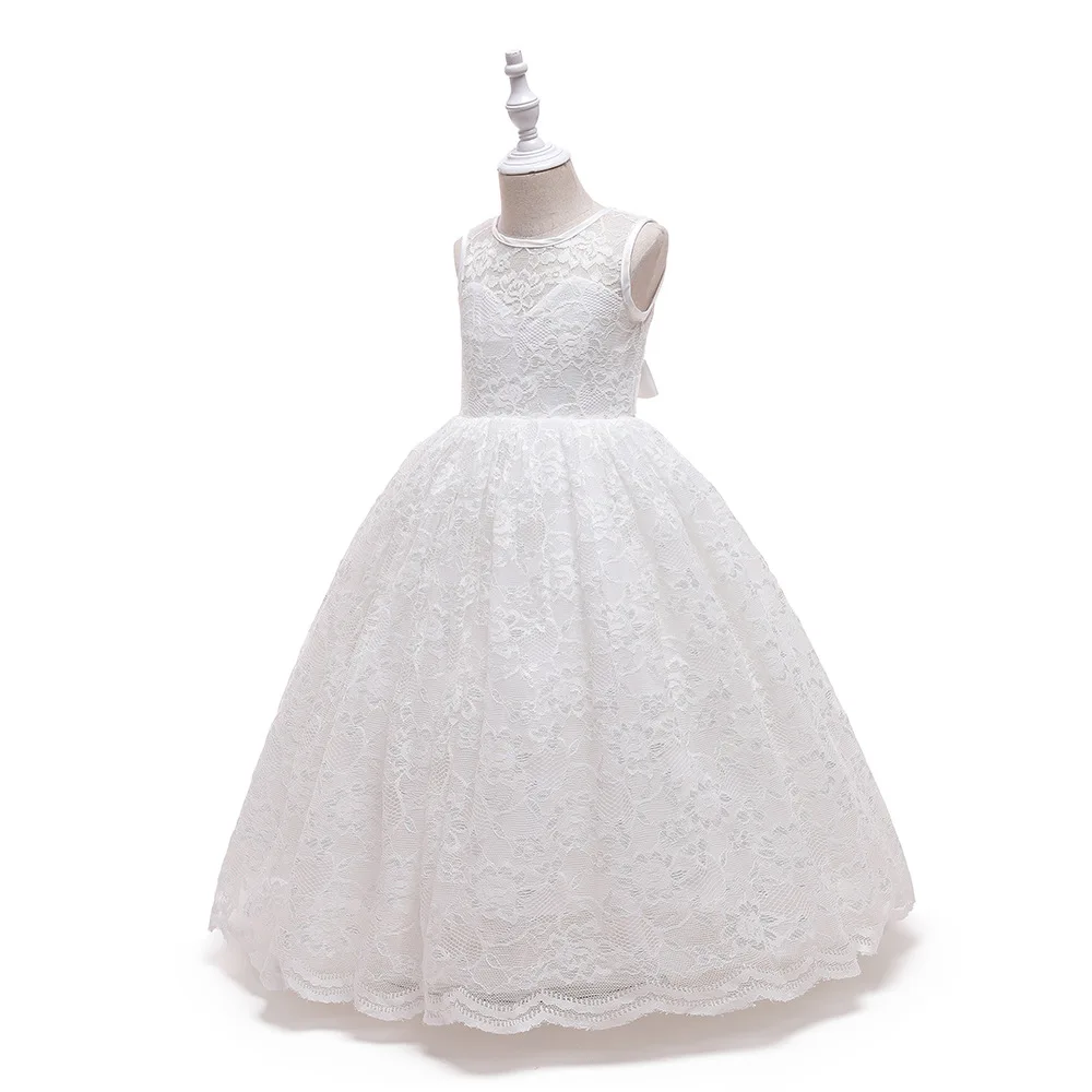 White Vintage Sleeveless Lace Children Girls Flower Party Princess Dresses