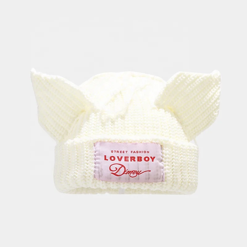 Landfond accessory Cute pig ears stitching knit hat stripe warm beanie hats