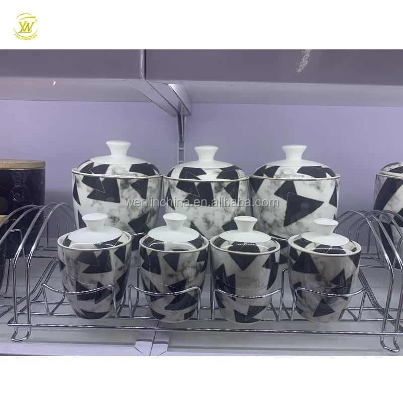 
Unique design kitchen used 7 pcs porcelain spice jar salt condiment canister set sugar pot with metal stand 