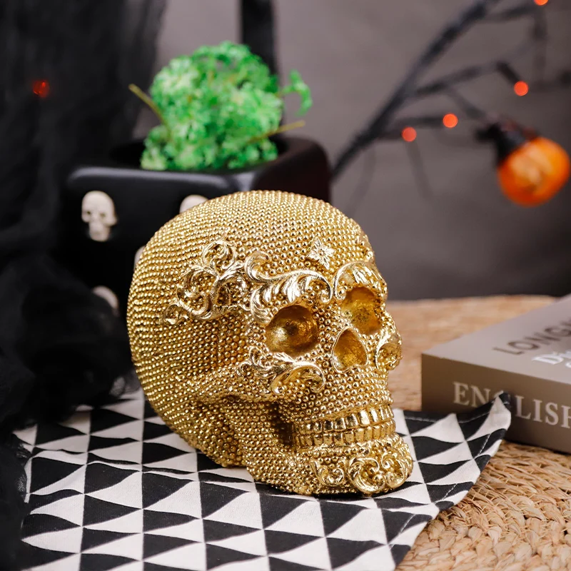 Redeco Creative Halloween Skull Ornaments Cool Silver Skull Head Statue Resin Golden Skull Sculpture For  Home Decoration