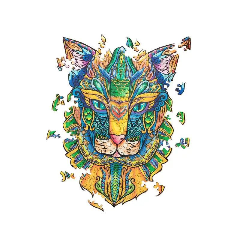 Wholesale High Quality Lion Natural Wooden Jigsaw Puzzle Animal Shaped Toys Puzzle Game  For Adults