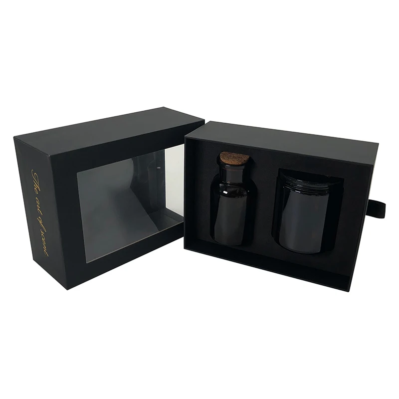 Custom luxury slide drawer glass bottle honey jar bee comb gift packaging boxes candle hair oil honey box with Clear PVC Window