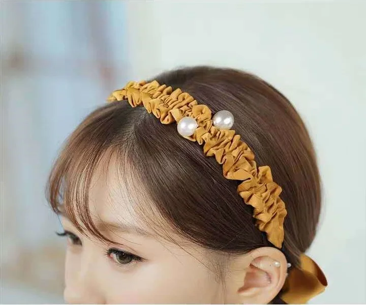 GEERDENG Wholesale New Ins Crinkle Satin Pearls Elastic Hair Band Hair Accessories Pleated Fabric Ribbon Head Bands For Women