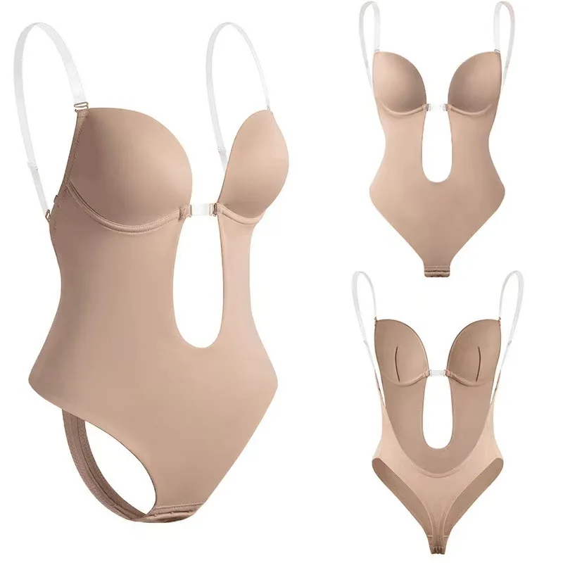 Custom logo sexy waist shaping deep plunge backless thong panties underwear shapewear