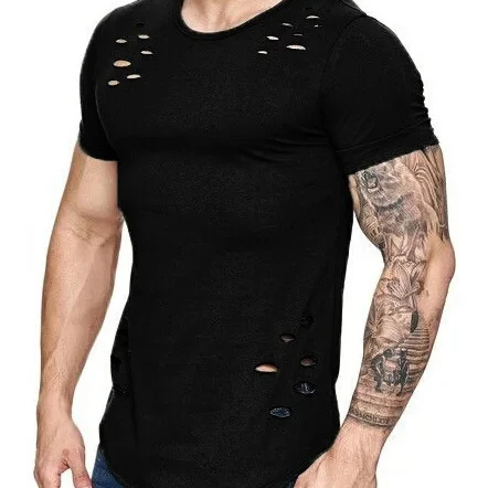 Wholesale Distressed T Shirt Scoop Neck T Shirt For Men Tees Hipster Baggy Short Sleeve T Shirts Custom
