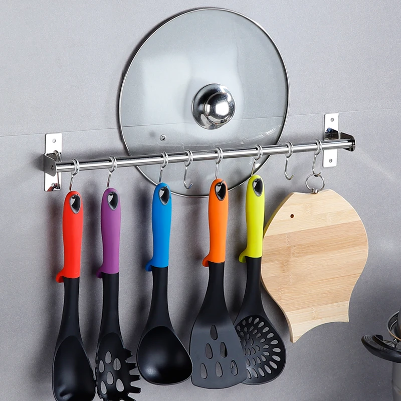 Wholesale Multifunctional Stainless Steel Kitchen Accessories Pan Shelf Wall Pot Rack With Hooks