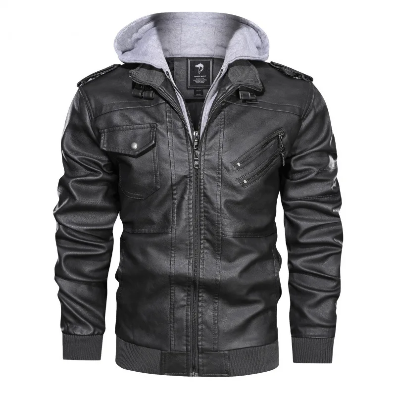 Color: 1-24  Z22S119  Leather men  double zip hooded biker leather jacket detachable coat with hat