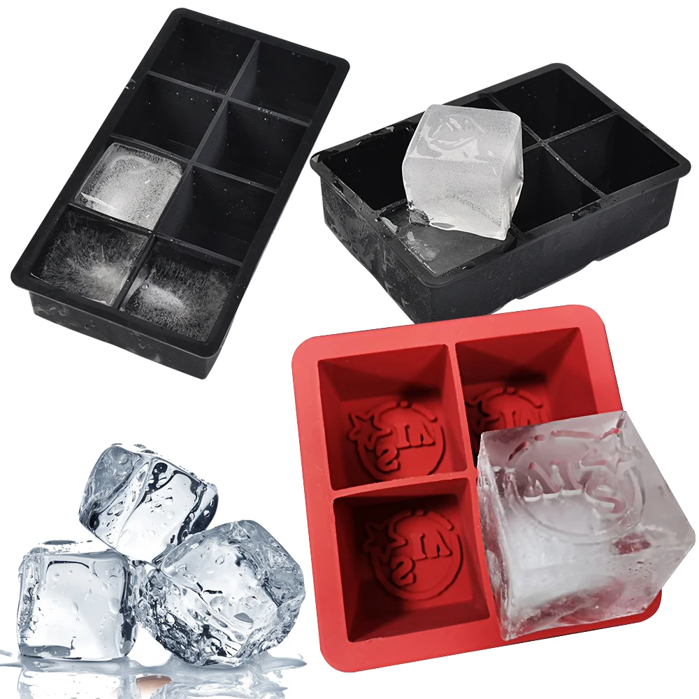 Rubber Freeze Container Good Grips Flexible Silicone ice cube tray Folding Big Size 4 Cavity Square Shaped Custom Logo Cubes