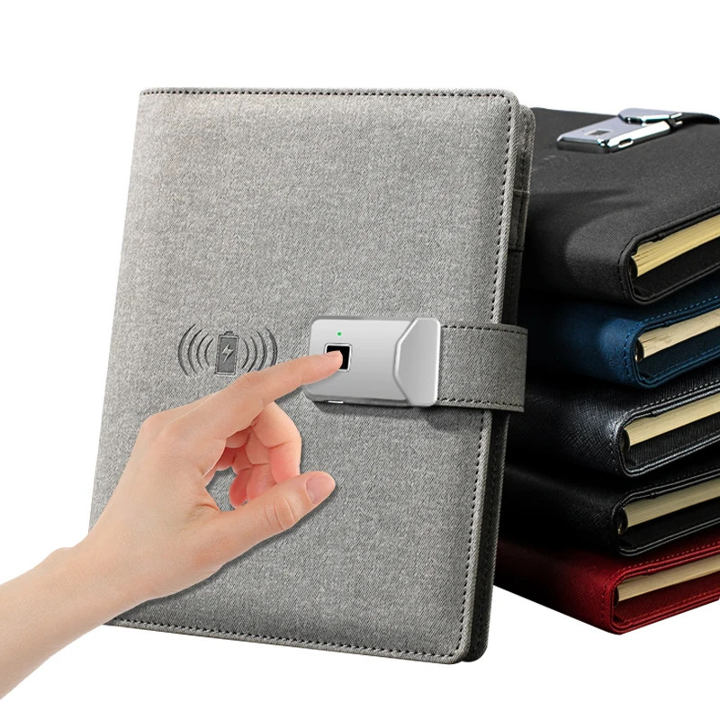 Trending products A5 PU Fingerprint lock wireless and cable charging notebook 12000 mAh new items 2023 corporate gifts