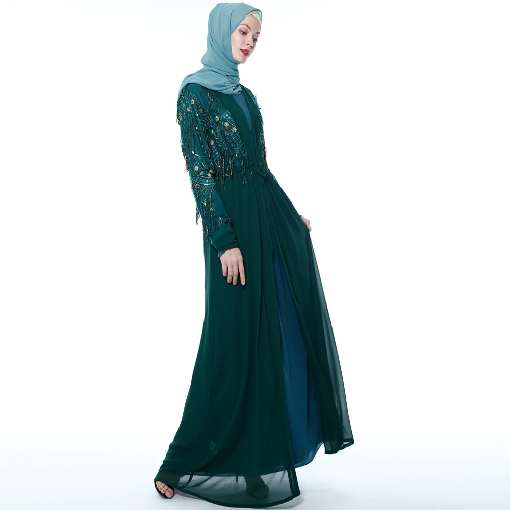 New sequined fringed cardigan Muslim long-sleeved outer wear national costume female skirt summer kimono 9715