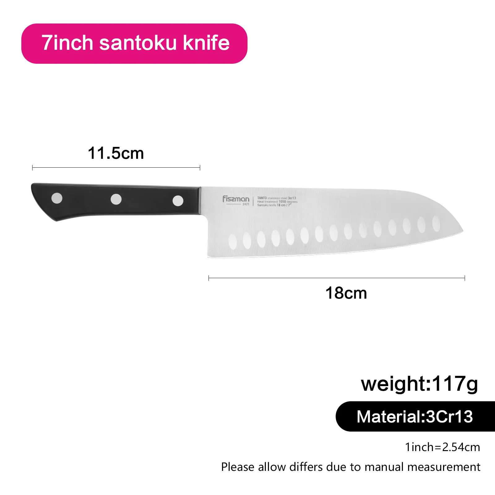 FISSMAN 7' Santoku Knife Tanto 3Cr13 Steel Kitchen Knives