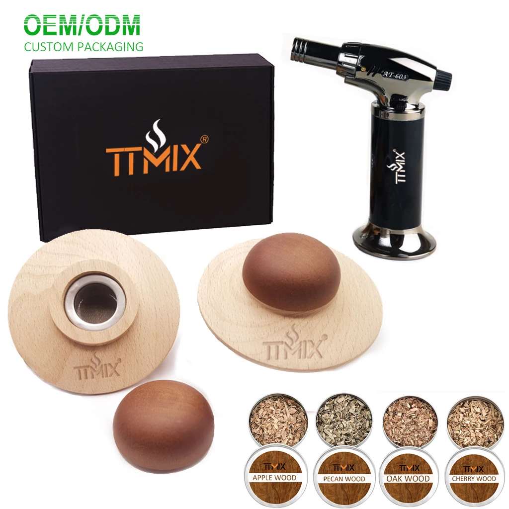 Cocktail Smoker Set with Lid, Better Smoking Effect, Natural Wood Material with Cleaning Brush Spoon 4 Flavor Wood Chips