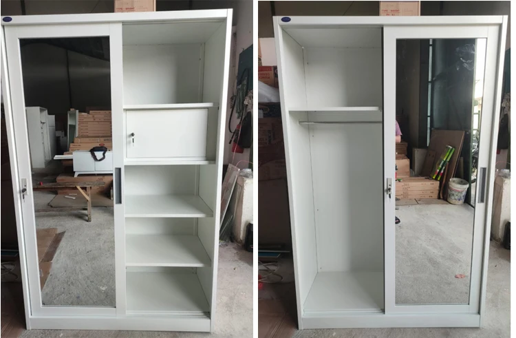 Metal Painting Wardrobe Cabinet sliding doors fireproof locker with mirror iron storage wardrobe cabinet bedroom furniture