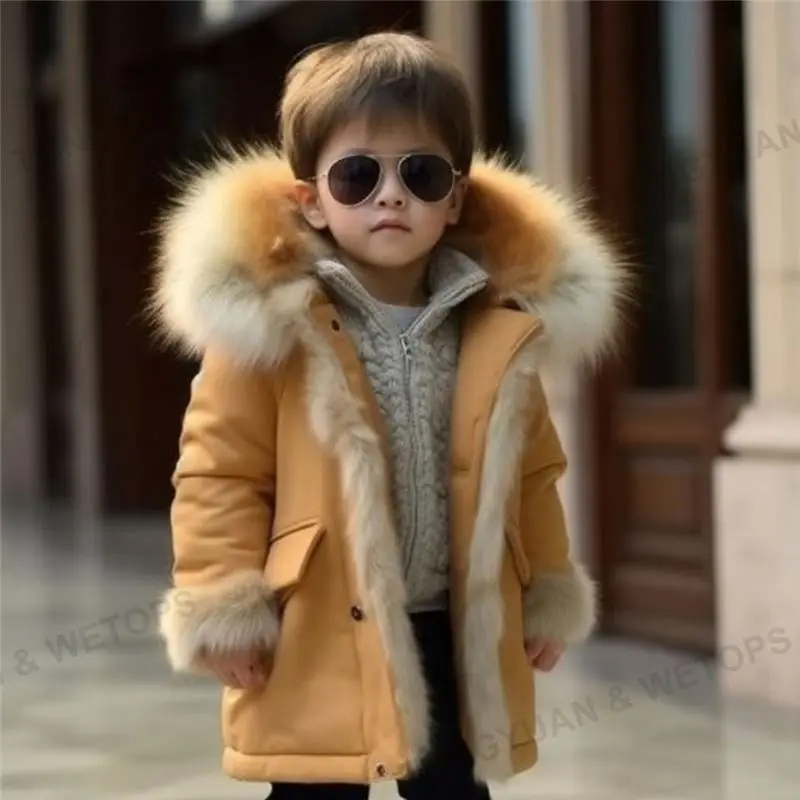 Custom Apparel 2023 Hot Sale Warm Trench Coat Children Hooded Kids Real Fur Winter Coats