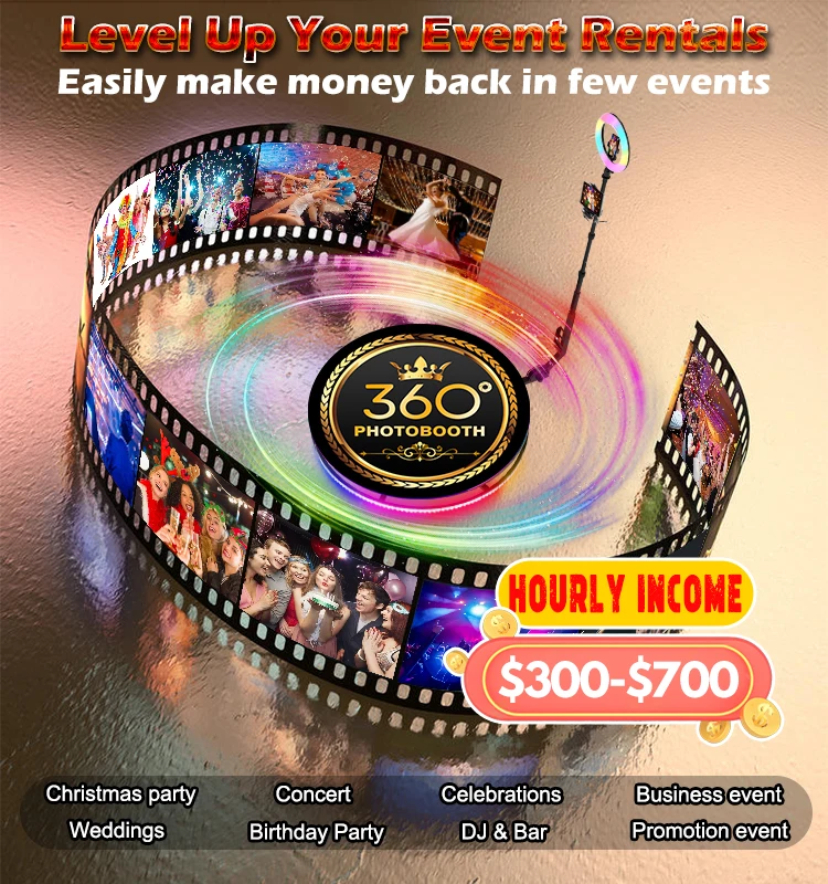 Customized 360 Degree Photo Booth Machine with Bluetooth and Ring Light Compatible with Smartphones and iPad