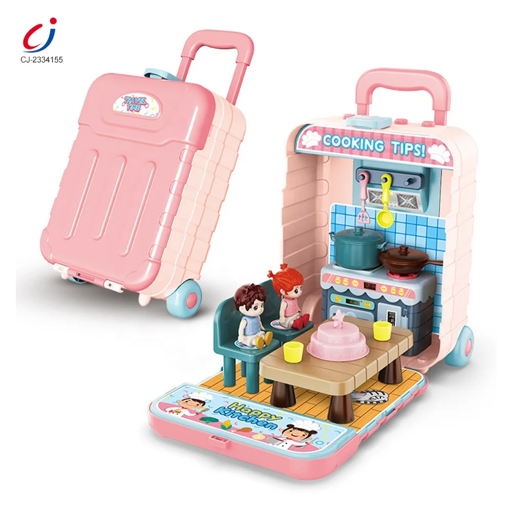 Chengji Sliding Musical Trolley Case Deformation Pretend Play Cooking Toys Miniature House Doll Kitchen Set