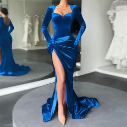 Womens Luxury Evening Dresses Party Wear Velour Ruched Red Gown Long Sleeve Front Slit Shoulder Padded Velvet Sexy Maxi Dress