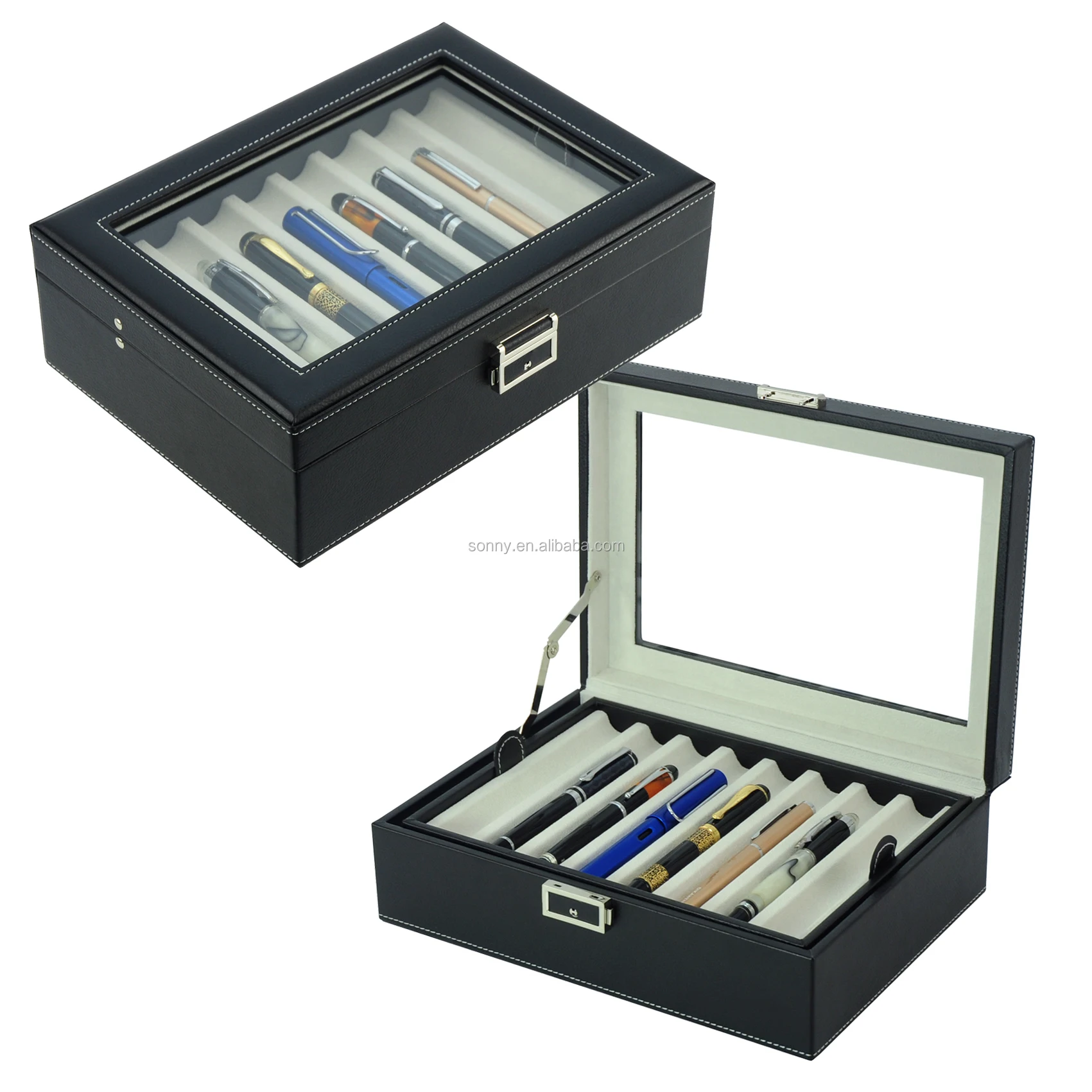 16 Slots Fountain Pen Case Black Leather Pen Display Box Storage Case with Lock