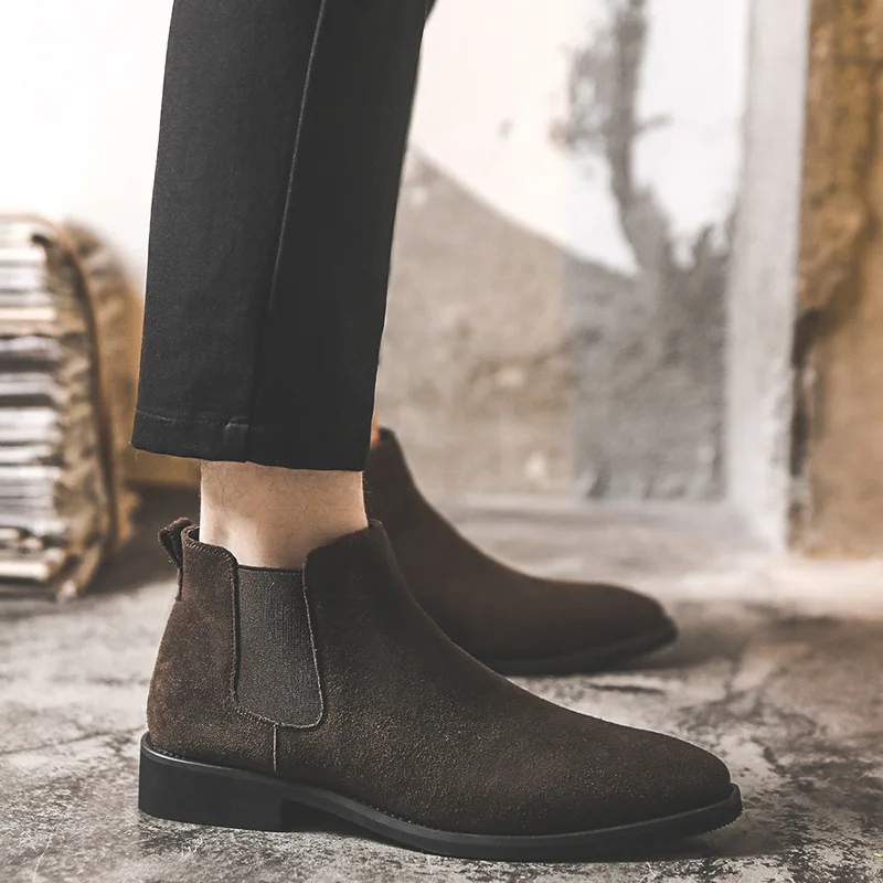 New Product Pointed Slip-on Winter Dress Shoes Pure Color Genuine Suede Leather Ankle Chelsea Boots For Men
