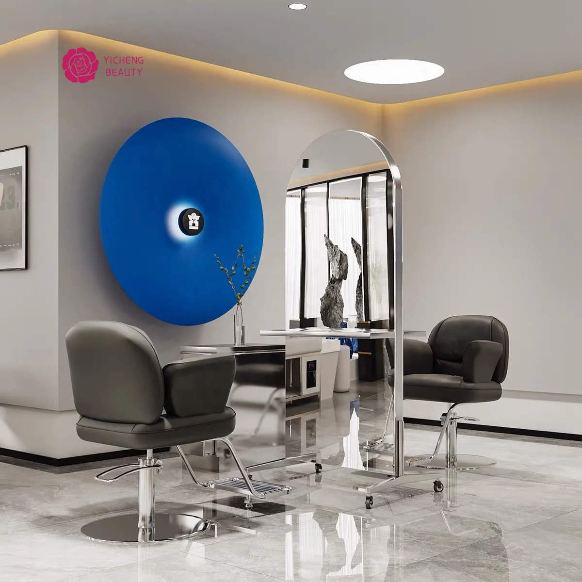 Yicheng Beauty Unique Design Full Length Salon Mirror Station Hair Salon Furniture Floor LED Luxury Light LED Mirror Cabinet