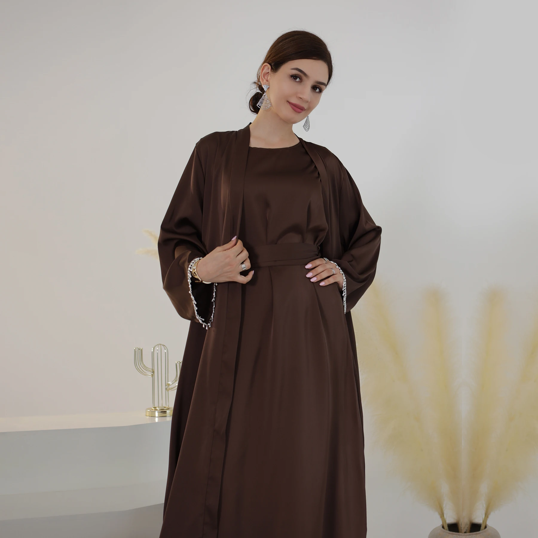 Latest Eid New Design Satin Diamond Dubai Abaya Designs Islamic Clothing Abaya Women Muslim Dress Front Open Abaya