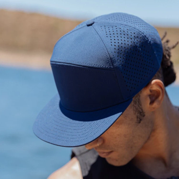 custom 7 panel waterproof trucker hat laser cut perforated golf hat caps flat brim, performance snapback hats with rubber patch