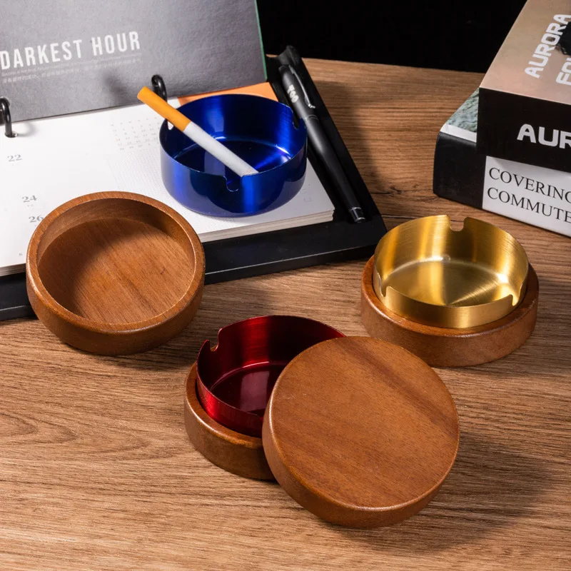 New Design Walnut Wooden Ash tray Windproof Retro Western Style Acacia Wood Cigar Ashtray for Cigarettes