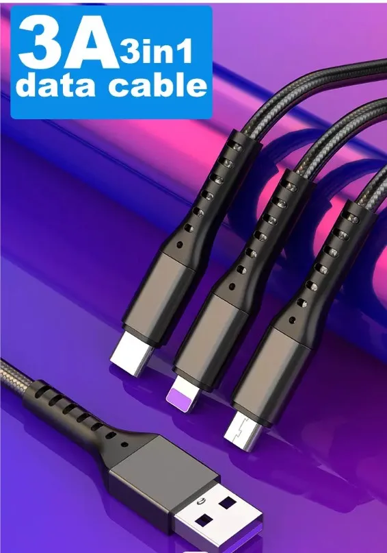 6A 66W Fast Charging 3 in 1 Cable  Micro  Cable Type C USB C Data USB Cable