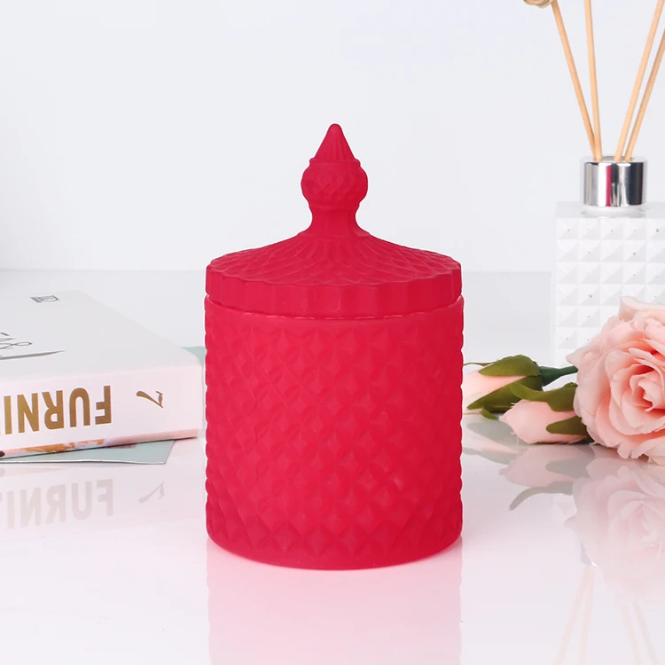 Luxury Diamond Geo Cut Glass Candle Jar Vessel Red Glass Candle Jars For Candles