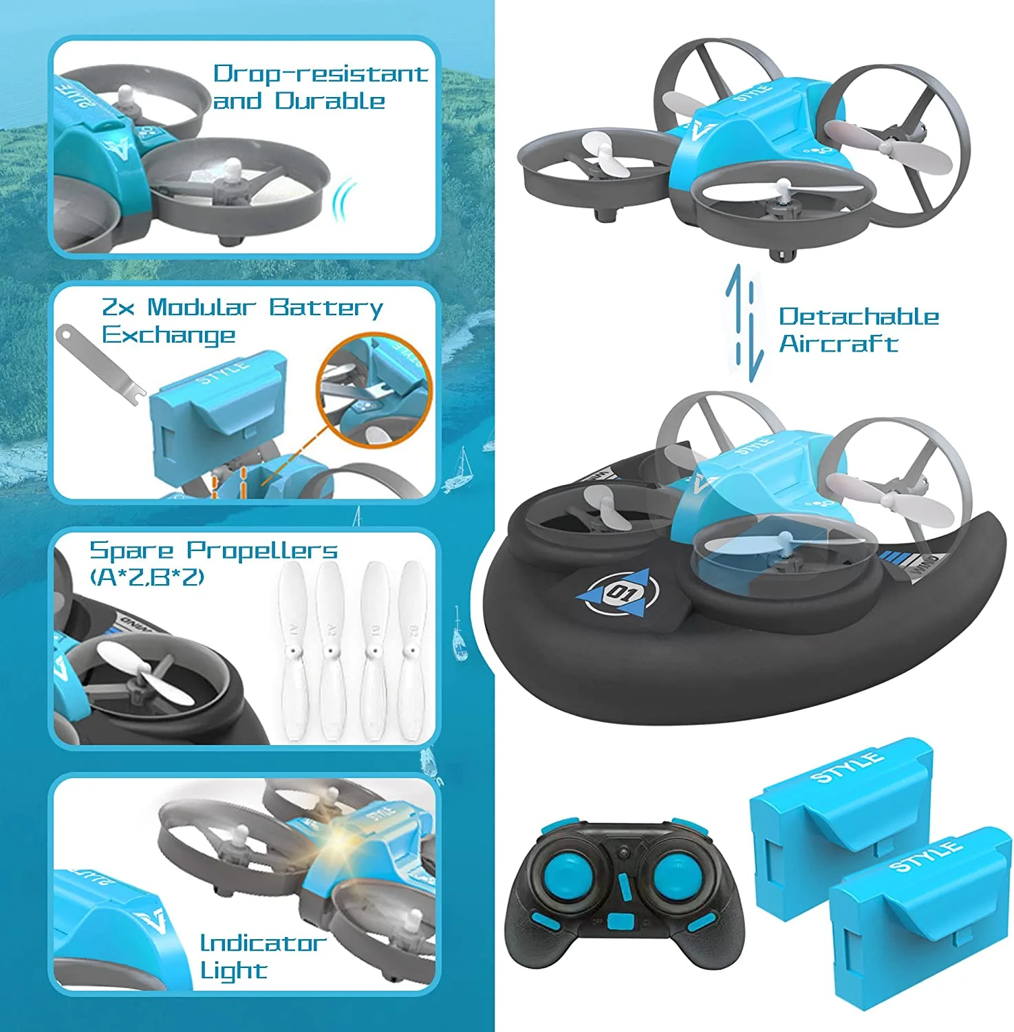 DWI Dowellin Hovercraft Mini Drone Drift Cars Boat RC Boat UFO Remote Control Air-Ground-Water Waterproof Aircraft