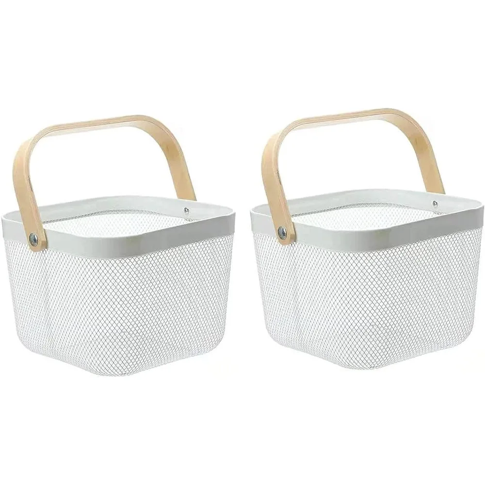 Square Metal Wire Fruit Storage Bowl Basket with Wooden Handle Mesh Fruit Stand Hanging Kitchen Baskets