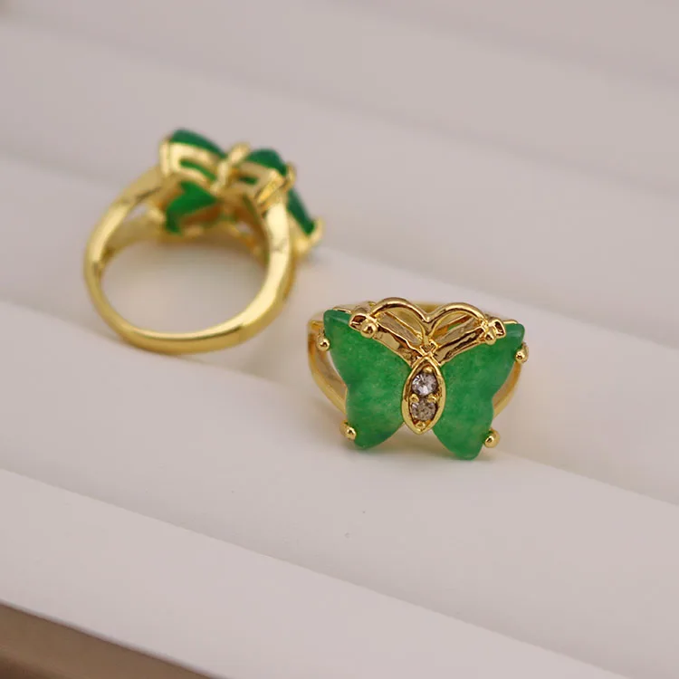 RN1063 18K Gold Plated CZ Micro Pave Natural Green Jade Band Rings