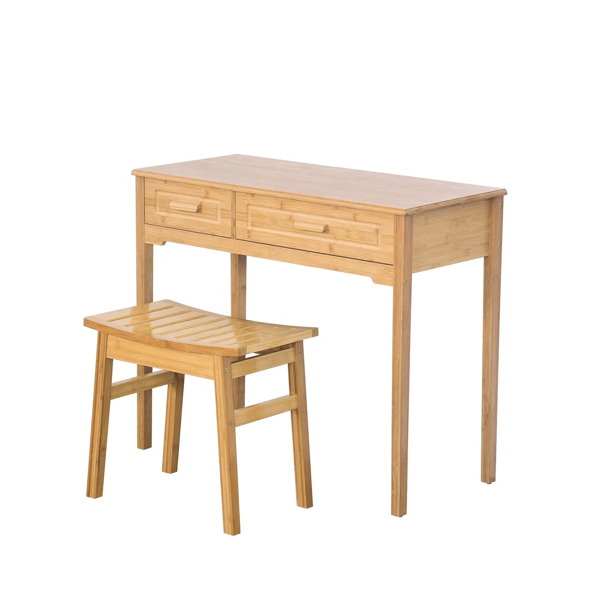Bamboo Makeup Vanity Table Desk with Stool Flip-top Mirror 2 Drawers Deep Storage Alcove Girls Dressing Table Set for Bedroom