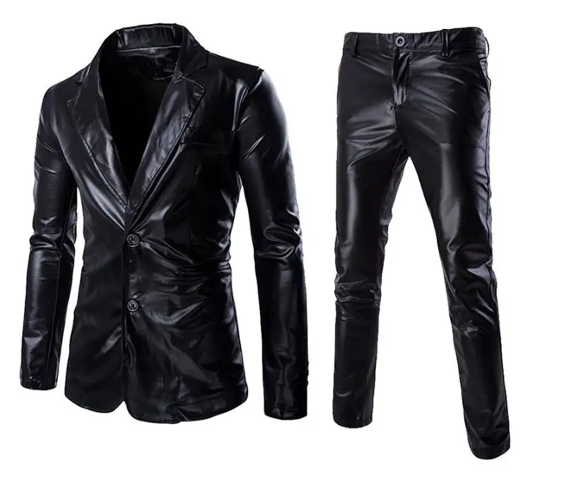Hot Sale Coated Gold Silver Black (Jackets + Pants) Men Suit Sets  Wedding Party Show Shiny clothes