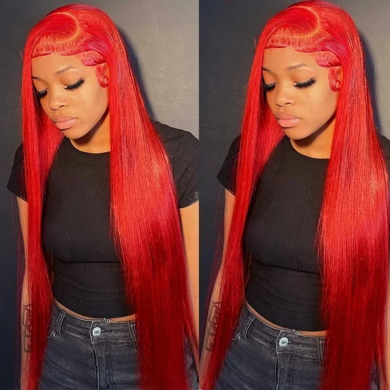Custom Color Red Color Long Straight Raw Hair Wig 13x4 Lace Frontal Wig Red Peruvian 100% Human Hair Lace Front Wigs