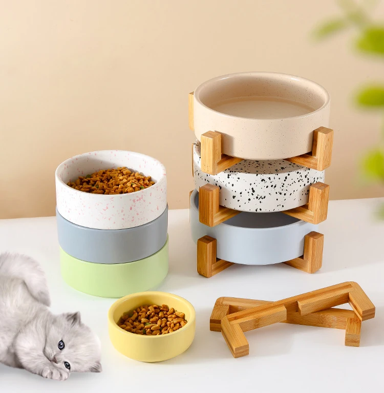 Custom Print logo ceramic pet bowl with bamboo stand Feeding Feeder Water Bowl For Pet Dog Cats Ceramic Bowl