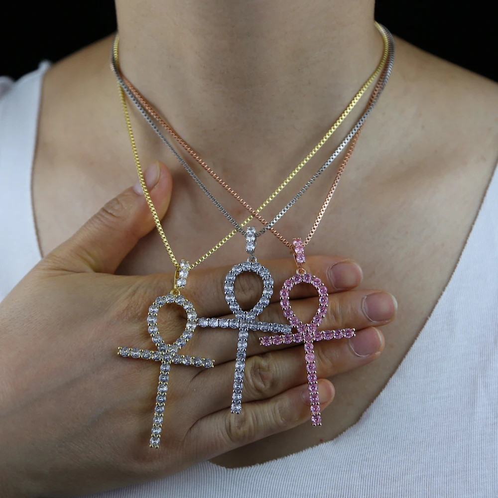 Trendy Design Iced Out Ankh Cross Pendant Necklace Micro Pave 5A Cubic Zirconia Cz Tennis Rope Chain Bling Women Jewelry