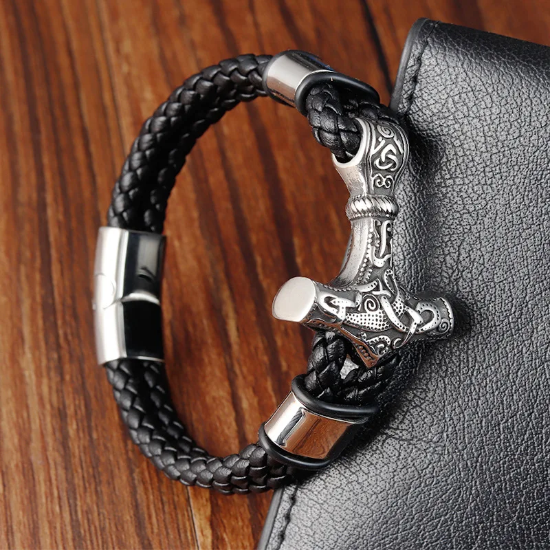Retro Stainless Steel Cross T Magnetic Clasp Bracelet For Men Handmade Braided Double Layer Leather Bracelet Jewelry