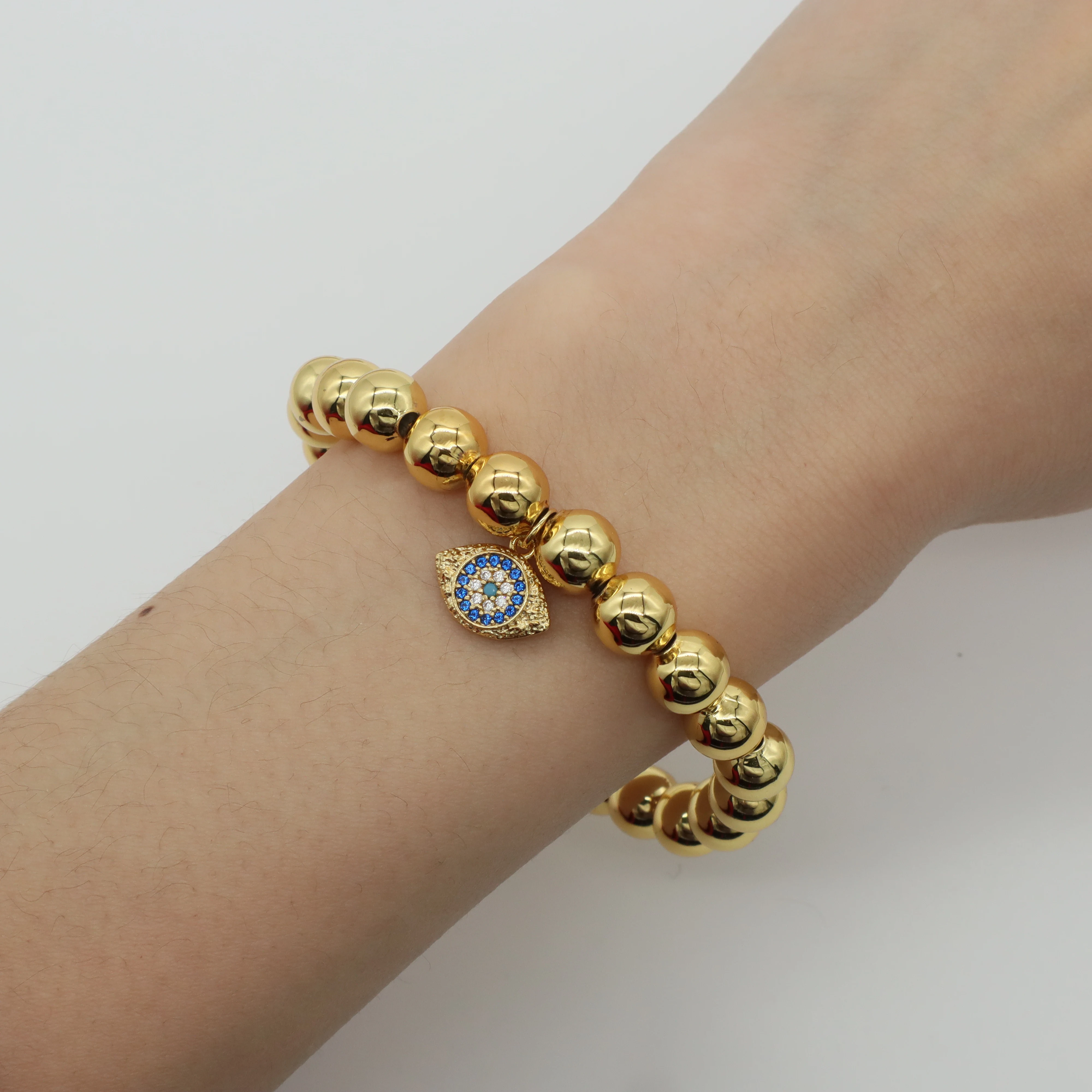 Manufacture Customized Women Jewelry OEM handmade Gold Plated 8mm Brass beads CZ evil eyes Charm bracelet