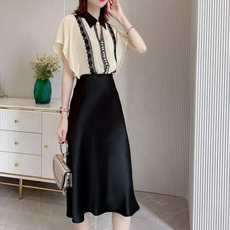 Wholesale French Elegance Girls Latex Green Satin acetate Midi Skirts Stretchy A-line Umbrella Full Flared Skirt For