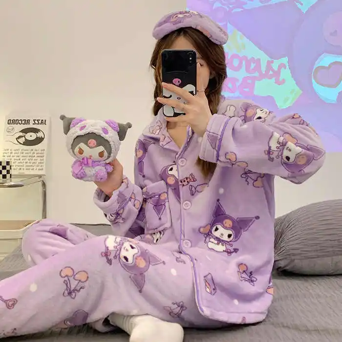 Yulia016 Wholesale Coral velvet pajamas female sanrioed Pompompurin with eye mask autumn and winter warm flannel home pajamas
