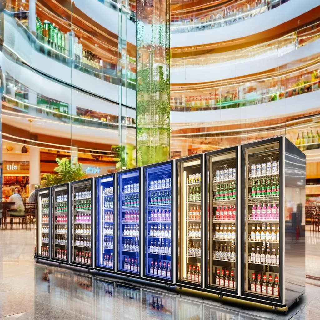 Supermarket shopping mall black and white full screen glass door upright beverage display refrigerator wine display chiller