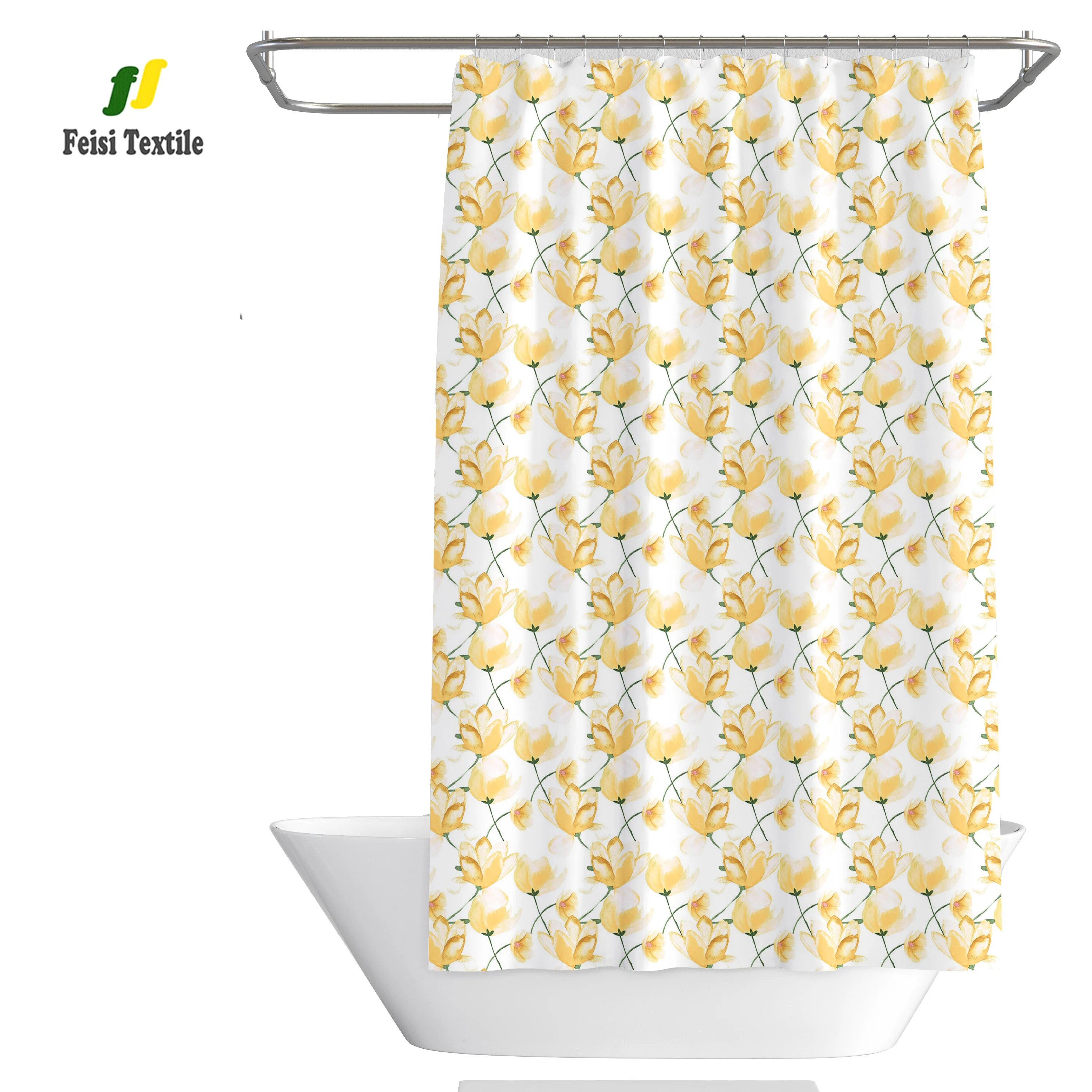 100%polyester Fabric Yellow Flower Printed 12 Plastic Hooks Shower Curtain  For Home Bathroom Decor Curtain