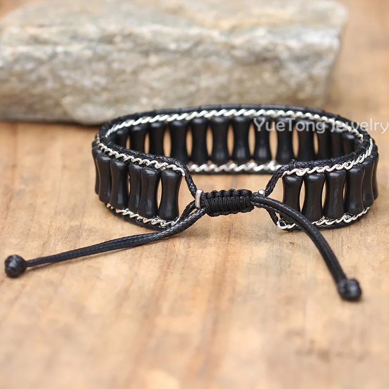 Handmade Natural Stone Bamboo Tube Beads 7 Chakra Single Wrap Cuff Bracelet Vegan Gold Stainless Steel Chain Jewelry Wholesale