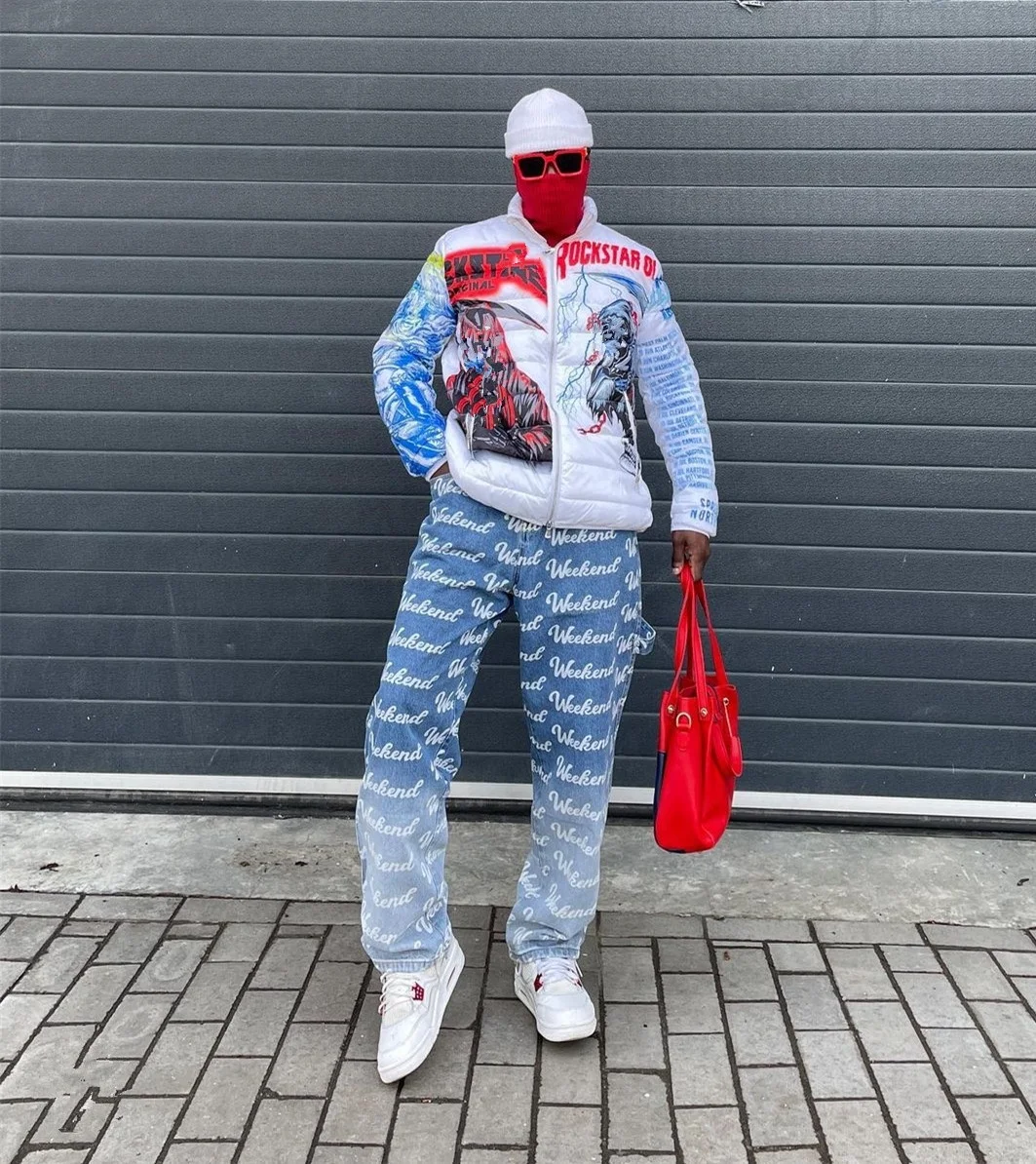 KY NEW Washed  Light Blue Hot Sale Checkerboard Checks Loose Crazy Custom Laser Print Baggy Jeans For Men 4